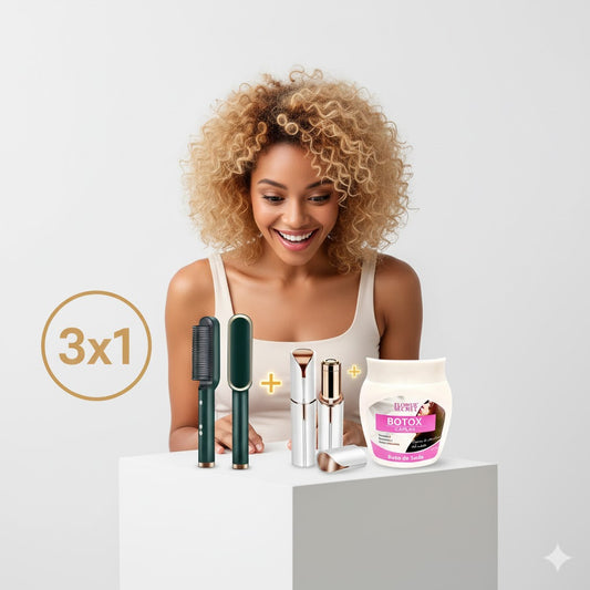 🔥 KIT 3x1 Belleza Exprés – Depiladora + Cepillo 3 en 1 + Botox Capilar
